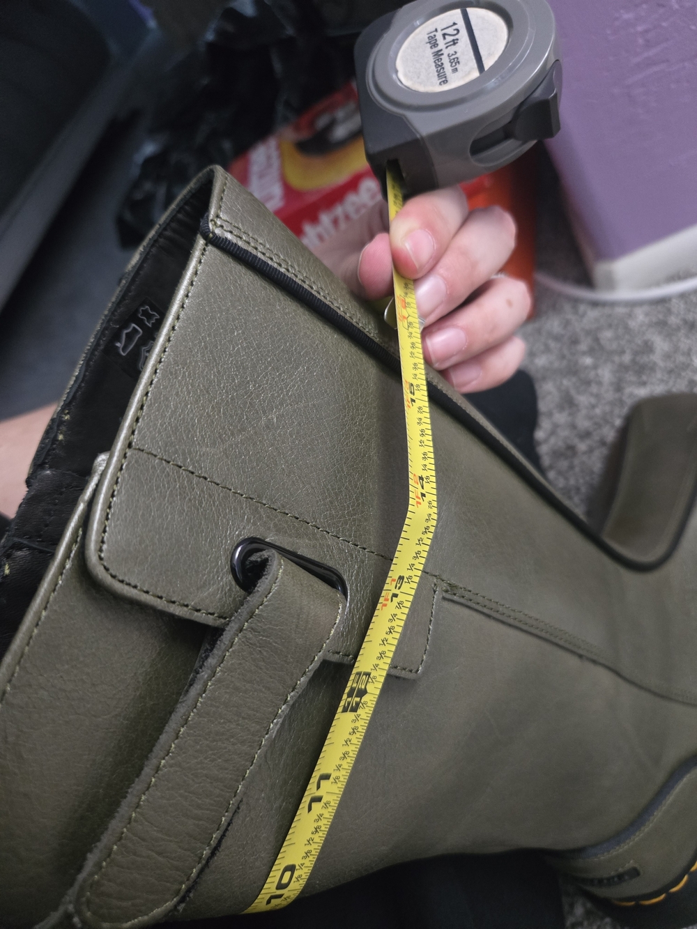 Dr. Martens Olive Green Leather Knee-High Zip Boots with Yellow Stitching - Picture 15 of 16